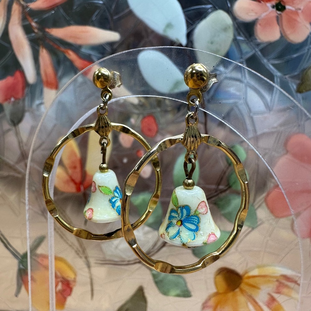 Women Earrings Gold Tone Blue White Floral Ceramic Bell Hoop Vintage Dangle